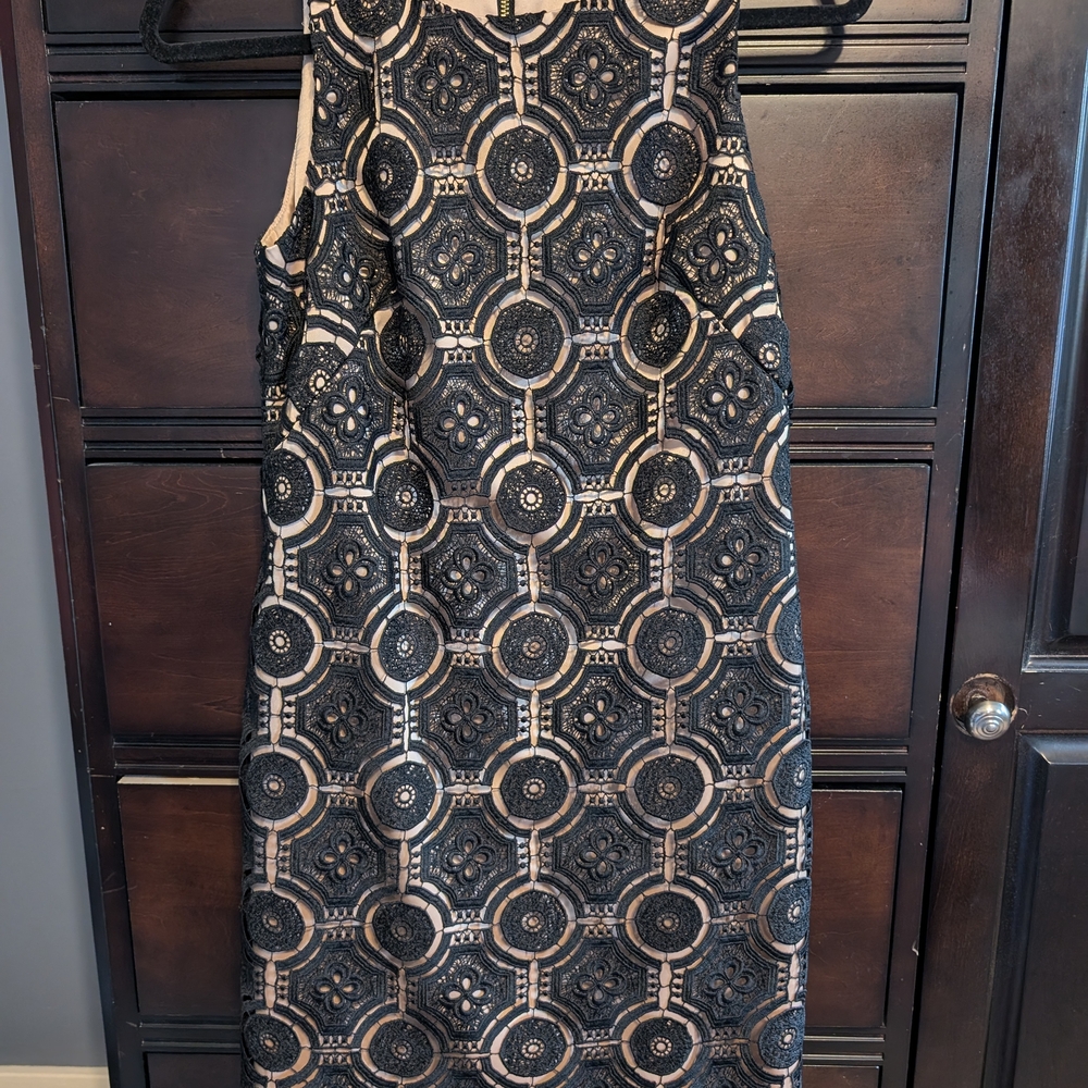 Eliza J Black and Gold Midi Sheath Dress Sleeveless Crew Neck